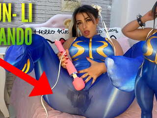 Enchanting cosplay schoolgirl dressed as Chun Li from street fighter playing with her htachi vibrator cumming and soaking her panties and pants ahegao