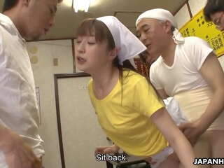 Captivating Japanese waitress Asuka gets gangbanged and creampied in public