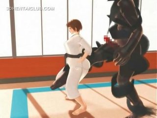 Хентай karate володарка блювотні рухи на a масивний дзьоб в 3d