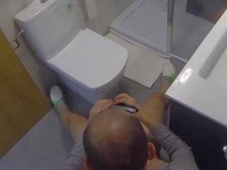 Fucking hard in the bathroom while he shaves his cock. Spycam voyeur IV031